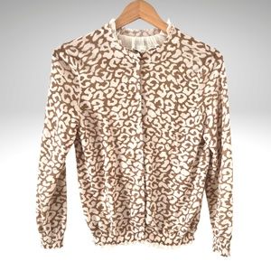 J. CREW Leopard Print Cardigan Ruffle Trim 100% Merino Wool Medium